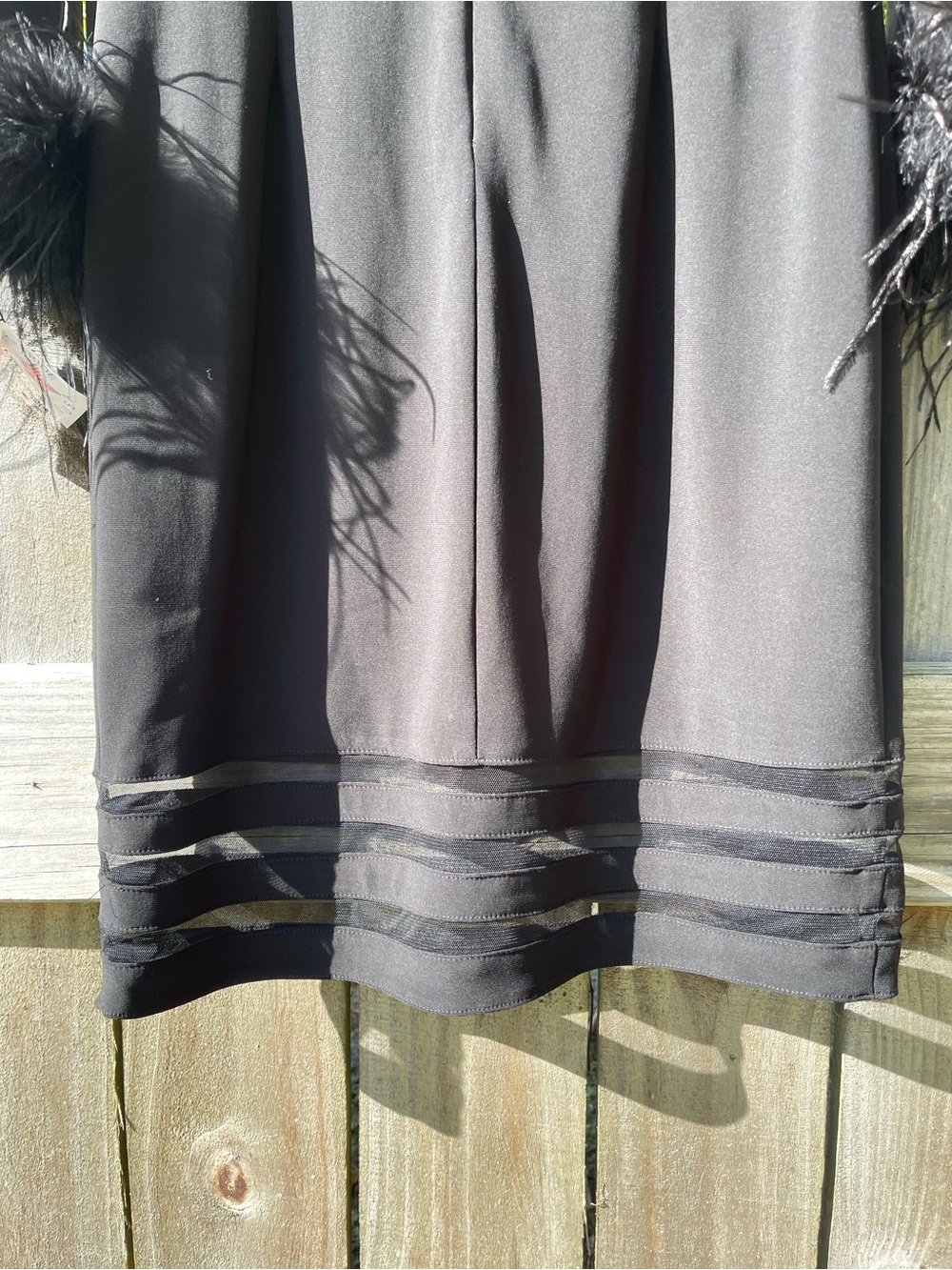 Black Long-Sleeve Sheer Shoulder Dress with Feather Cuffs Sz 12 - Picture 10 of 10